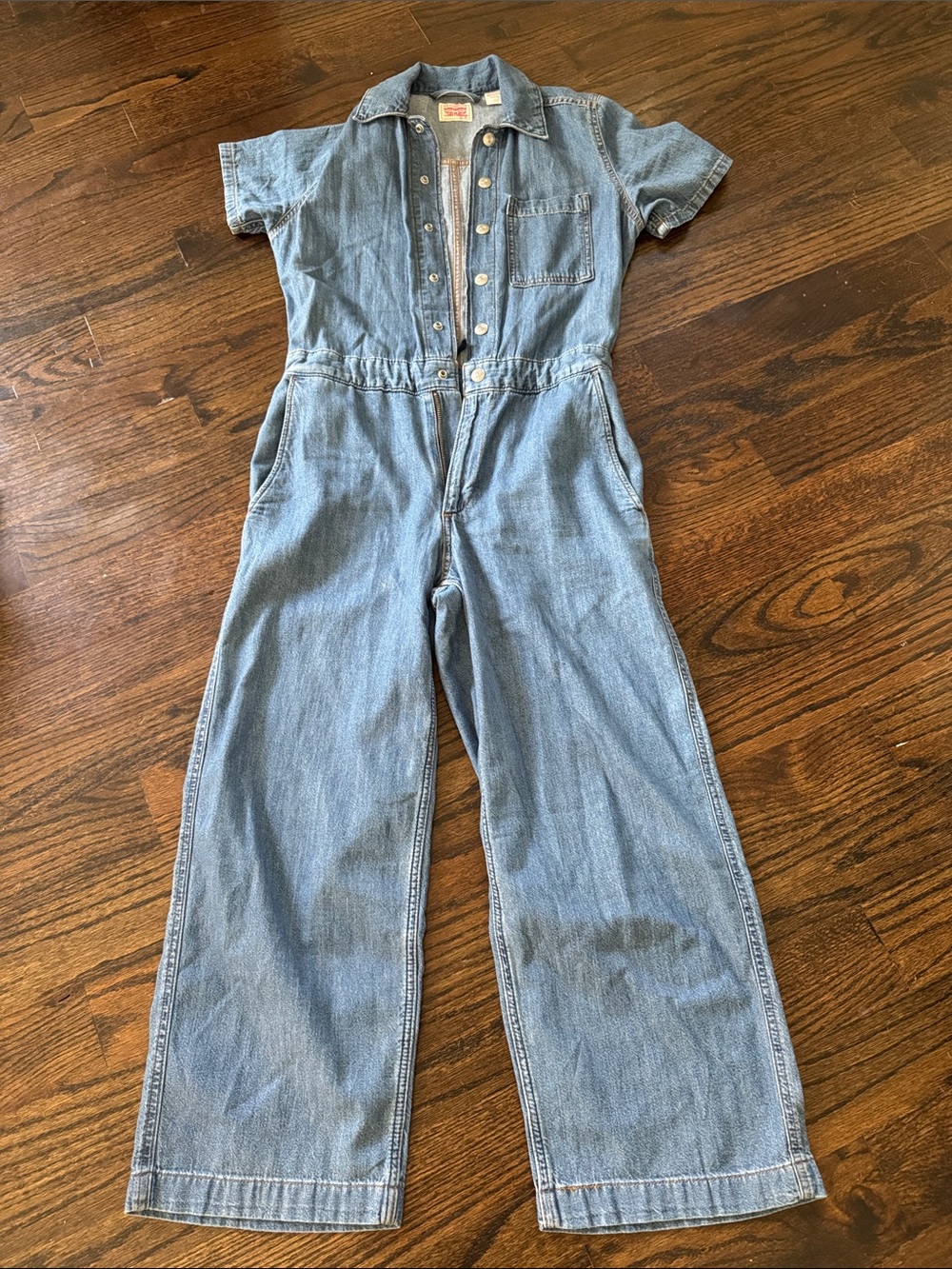 Women's Light Blue Denim Short-Sleeve Utility Jumpsuit